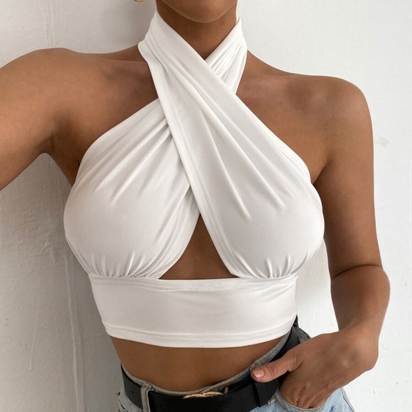 BellanBlue Tops - Boho White Ruffle Wrap Halter Crop Top